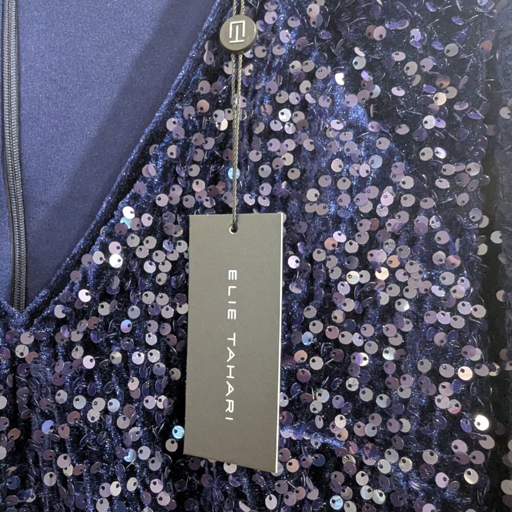 ELIE TAHARI Nwt The Robin Sequin Dress 8 Midnight Blue Blouson Sleeve Midi - Picture 10 of 12